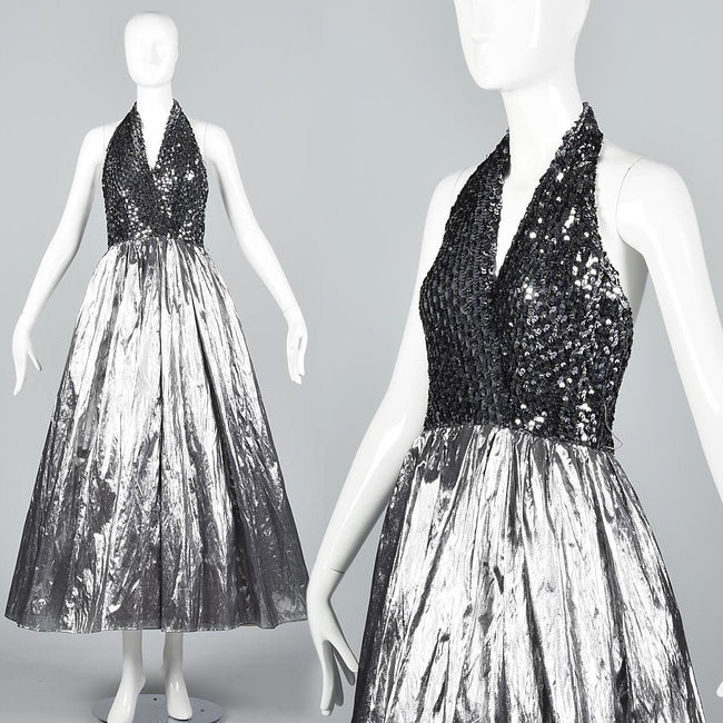 1970s Lillie Rubin Silver Lamé & Sequin Halter Dress