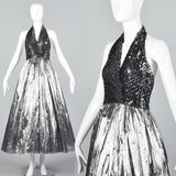 1970s Lillie Rubin Silver Lamé & Sequin Halter Dress