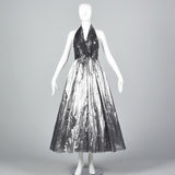 1970s Lillie Rubin Silver Lamé & Sequin Halter Dress