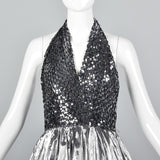 1970s Lillie Rubin Silver Lamé & Sequin Halter Dress