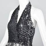 1970s Lillie Rubin Silver Lamé & Sequin Halter Dress