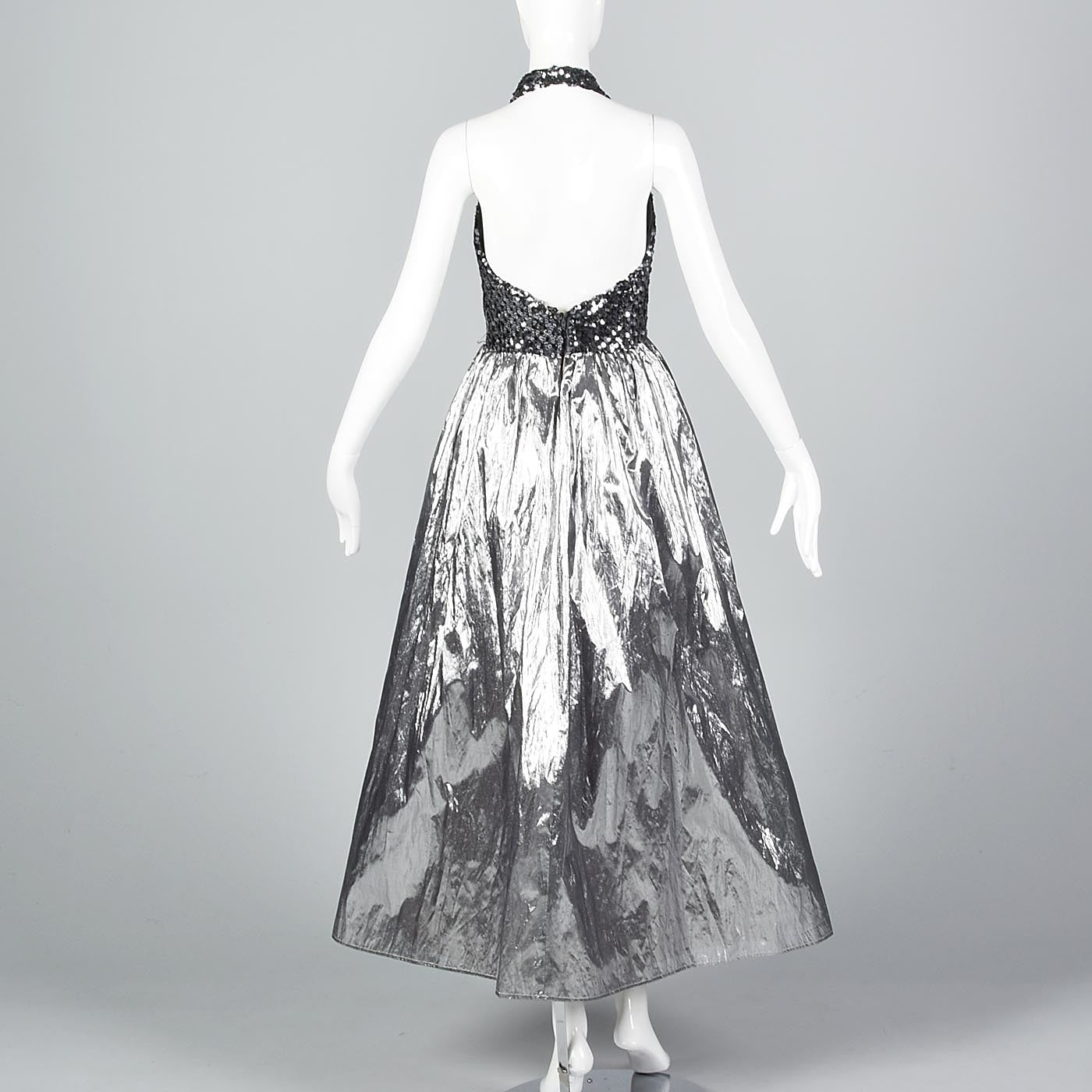 1970s Lillie Rubin Silver Lamé & Sequin Halter Dress