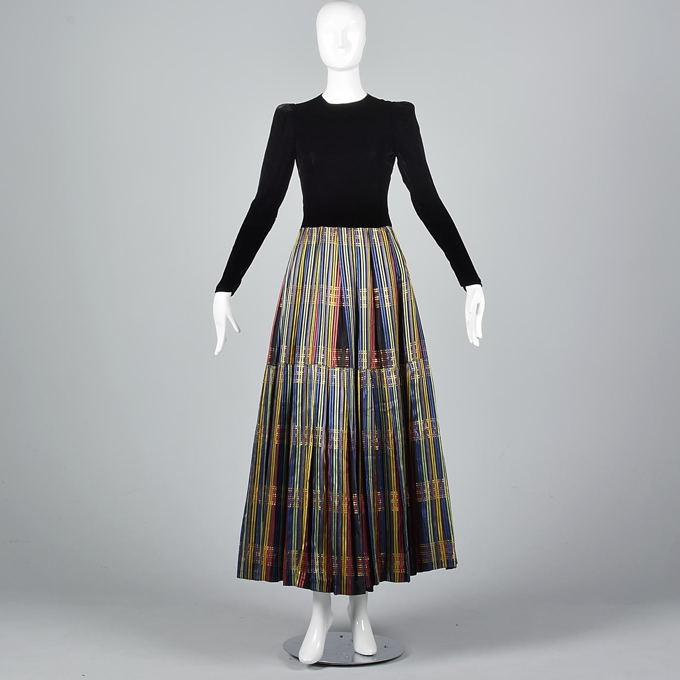 1930s Black Velvet Maxi Dress with Stripe Skirt