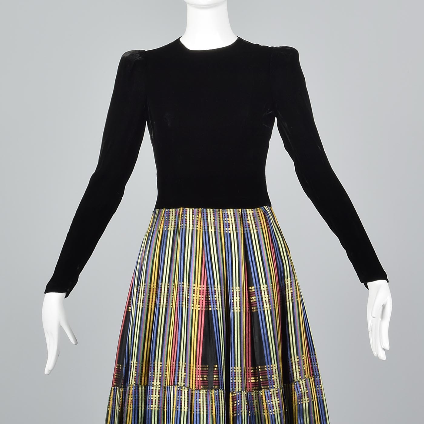 1930s Black Velvet Maxi Dress with Stripe Skirt