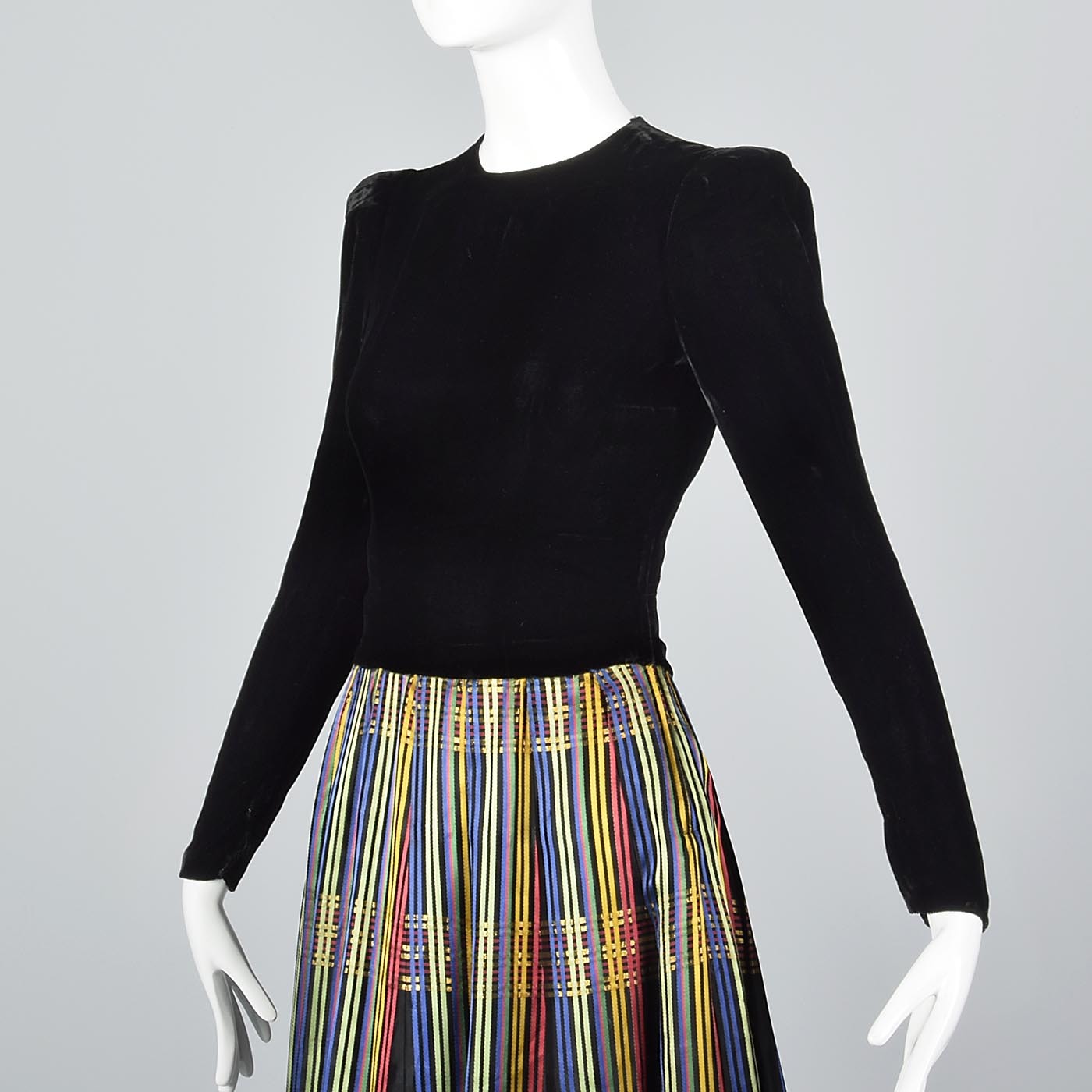 1930s Black Velvet Maxi Dress with Stripe Skirt