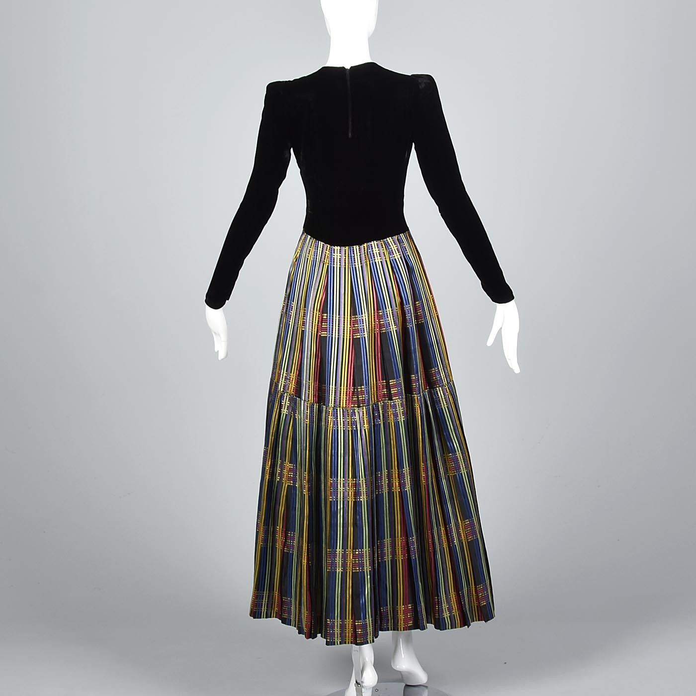 1930s Black Velvet Maxi Dress with Stripe Skirt