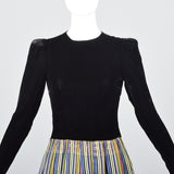 1930s Black Velvet Maxi Dress with Stripe Skirt