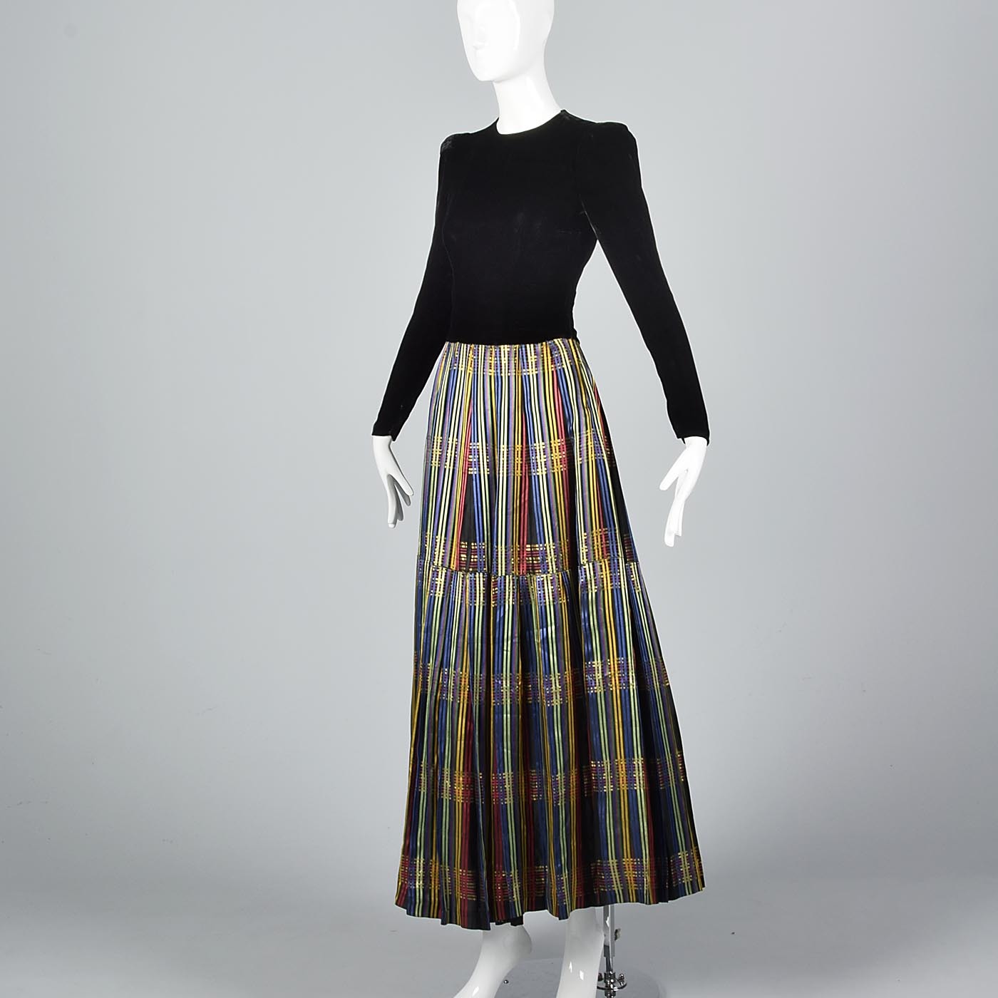 1930s Black Velvet Maxi Dress with Stripe Skirt