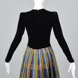 1930s Black Velvet Maxi Dress with Stripe Skirt