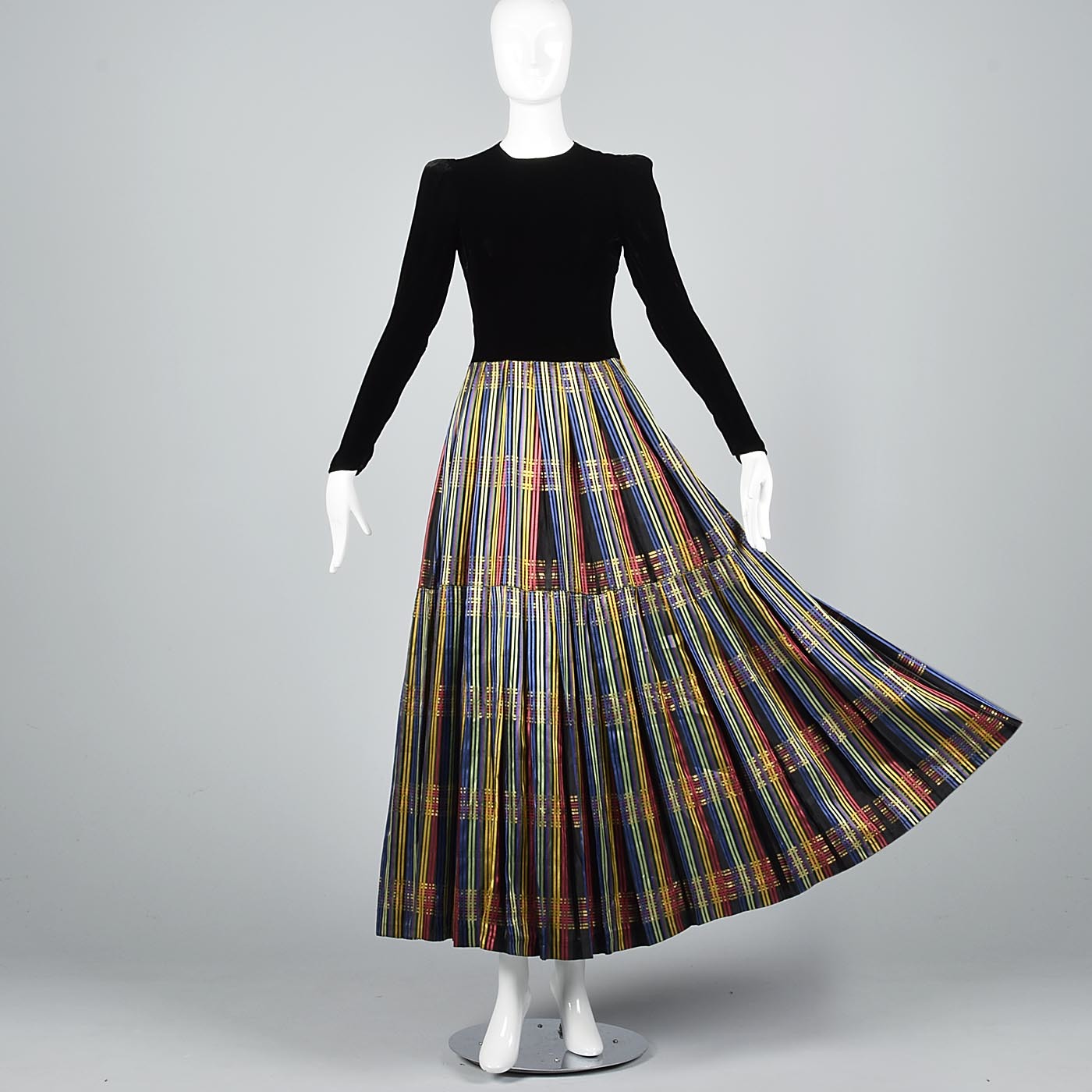 1930s Black Velvet Maxi Dress with Stripe Skirt