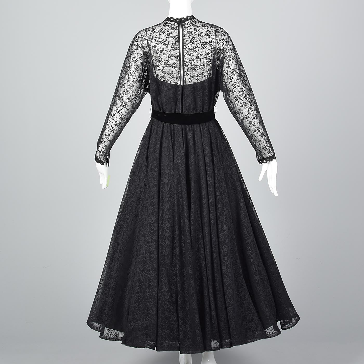 1970s Lilli Diamond Gothic Black Lace Maxi Dress