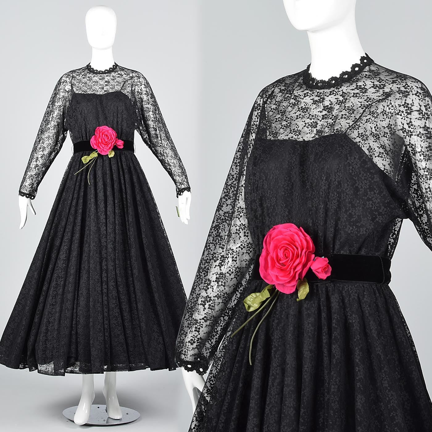1970s Lilli Diamond Gothic Black Lace Maxi Dress