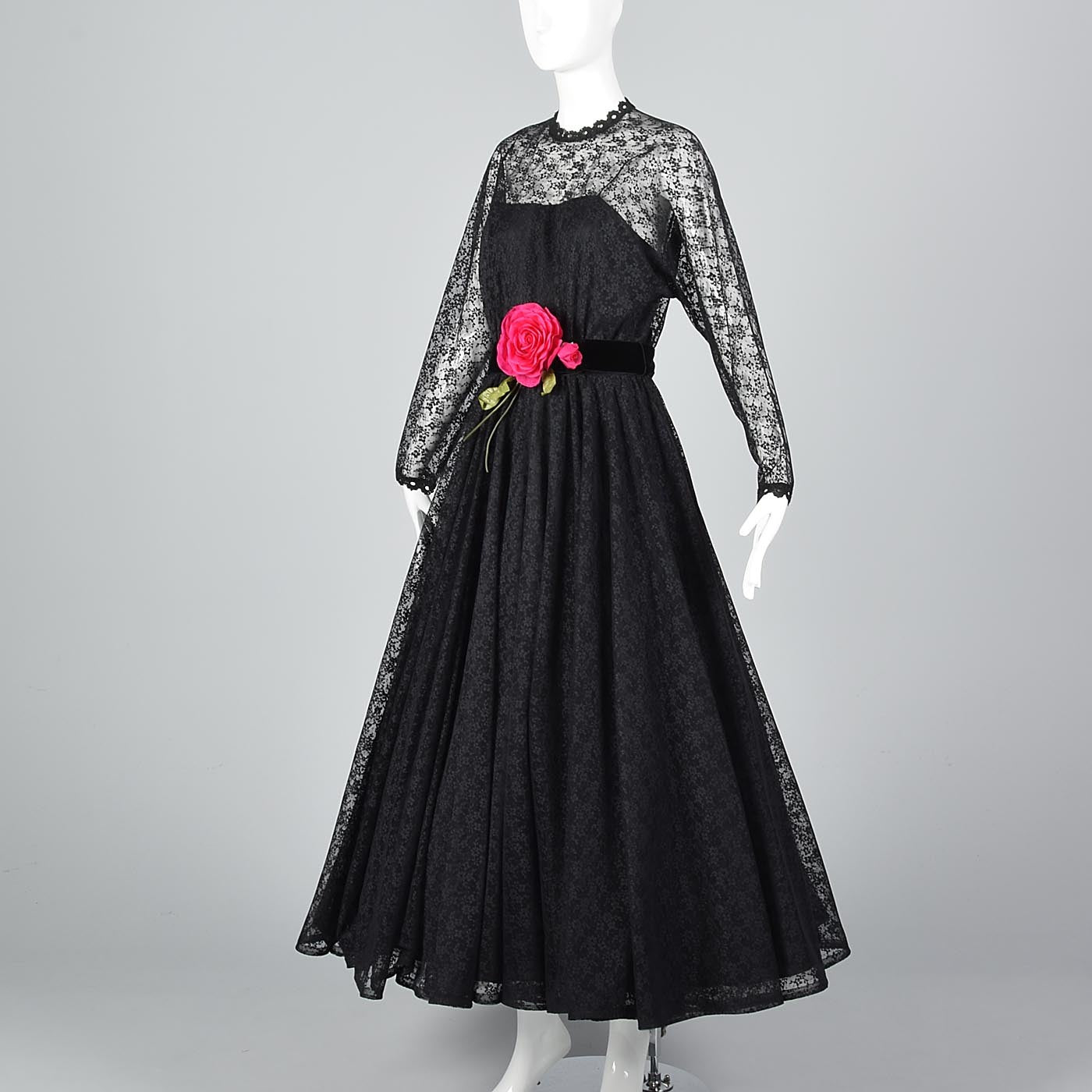1970s Lilli Diamond Gothic Black Lace Maxi Dress