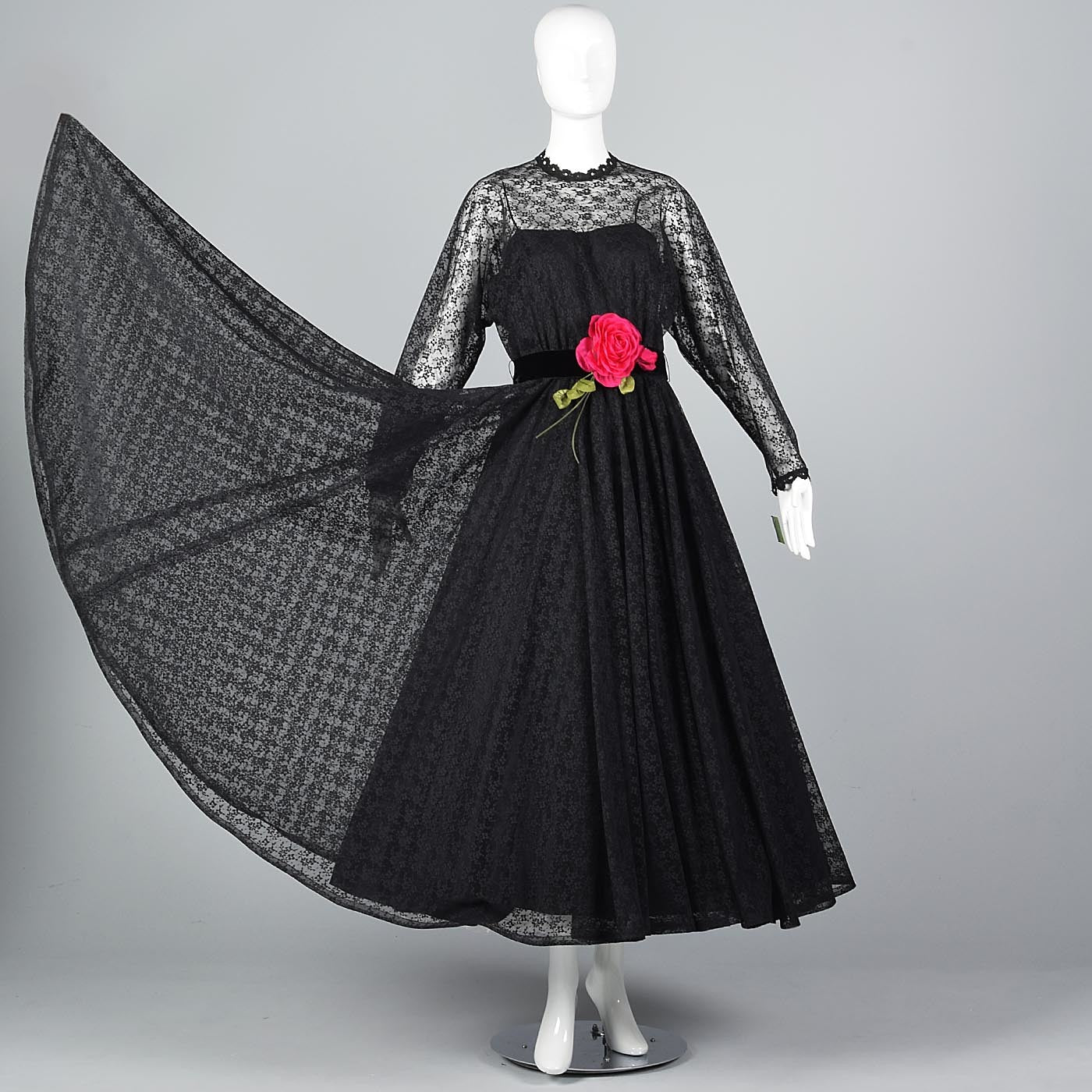 1970s Lilli Diamond Gothic Black Lace Maxi Dress