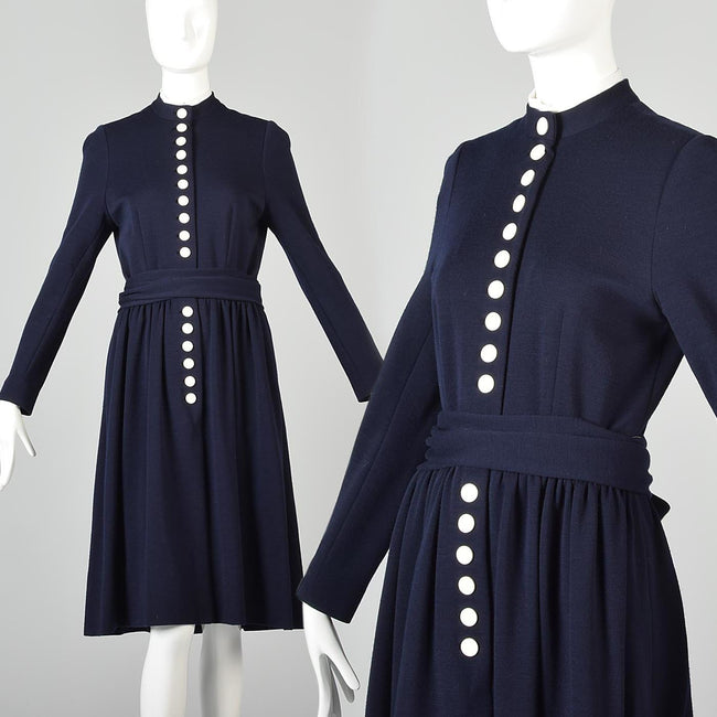 Classic 1960s Normal Norell Navy Blue Dress with White Buttons