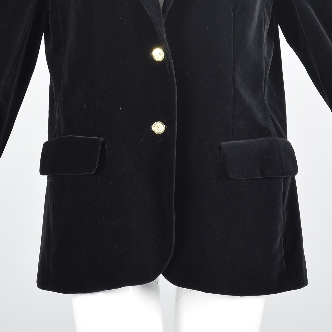 1980s Pierre Balmain Black Velvet Blazer with Logo Buttons