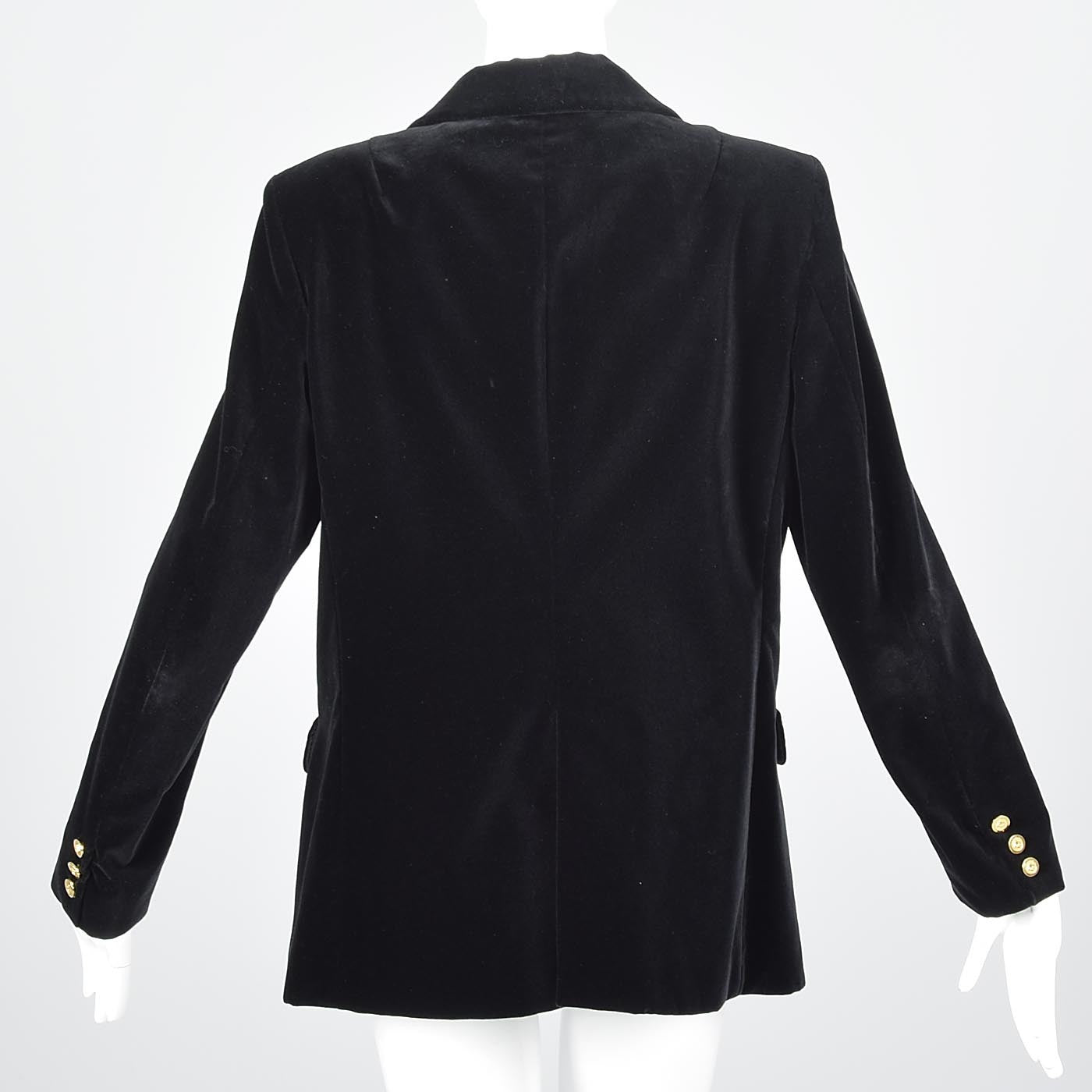 1980s Pierre Balmain Black Velvet Blazer with Logo Buttons