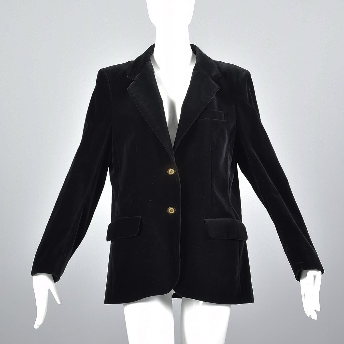 1980s Pierre Balmain Black Velvet Blazer with Logo Buttons