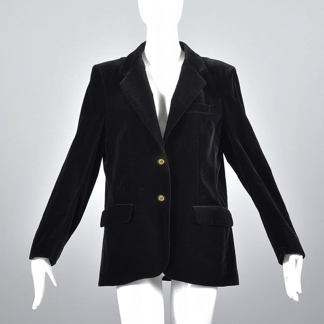 1980s Pierre Balmain Black Velvet Blazer with Logo Buttons