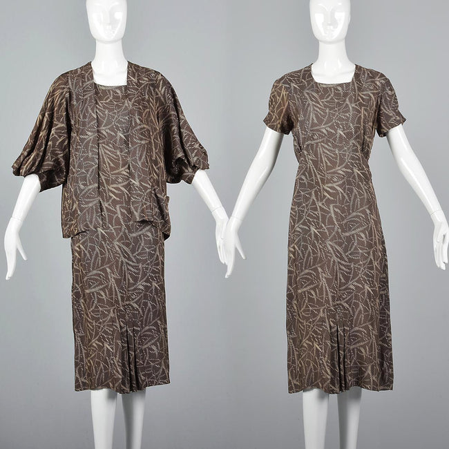 1930s Silk Day Dress & Matching Jacket with Balloon Sleeves