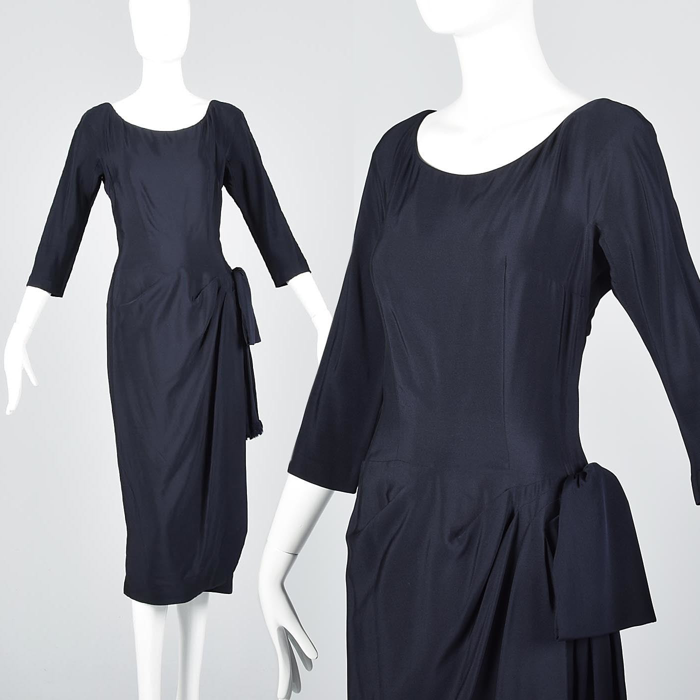 1940s Navy Blue Silk Dress