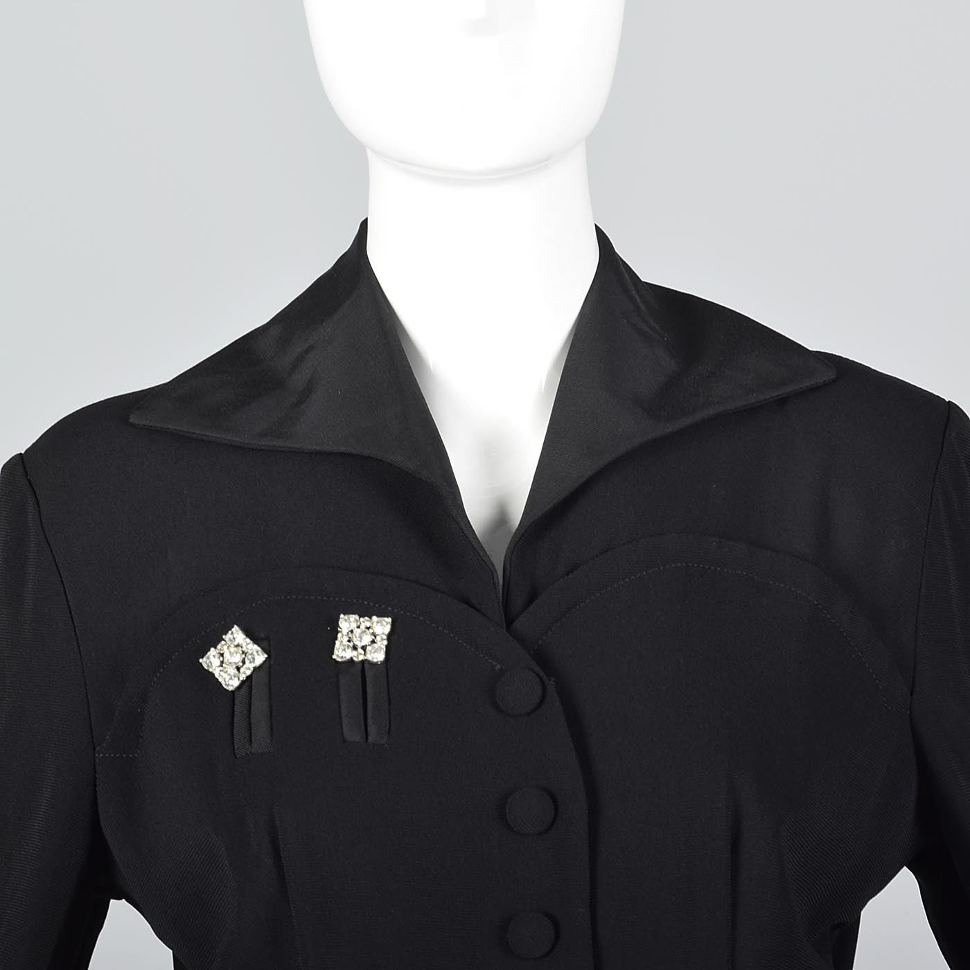 1940s Black Rayon Dress with Rhinestone Details