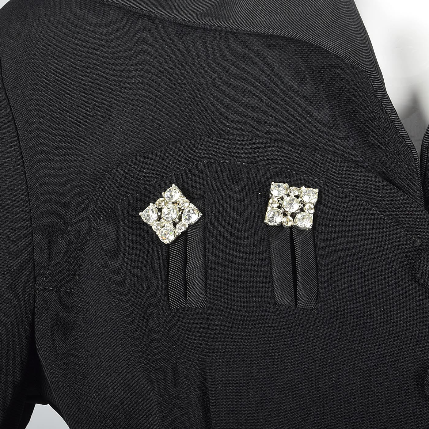1940s Black Rayon Dress with Rhinestone Details