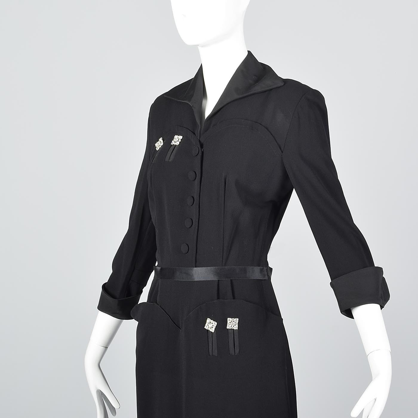 1940s Black Rayon Dress with Rhinestone Details