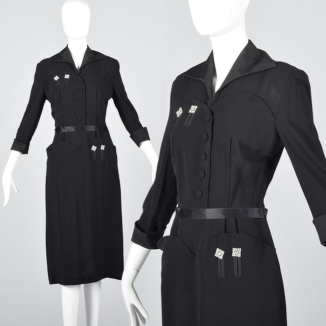 1940s Black Rayon Dress with Rhinestone Details