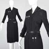 1940s Black Rayon Dress with Rhinestone Details