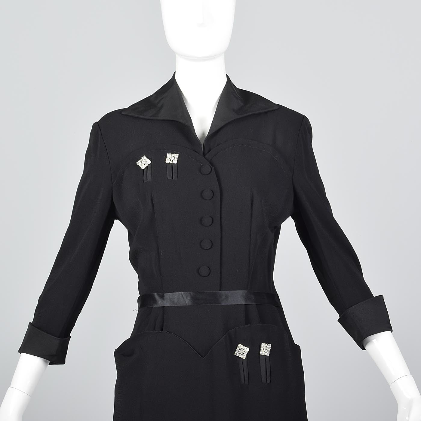 1940s Black Rayon Dress with Rhinestone Details
