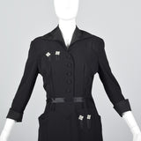 1940s Black Rayon Dress with Rhinestone Details