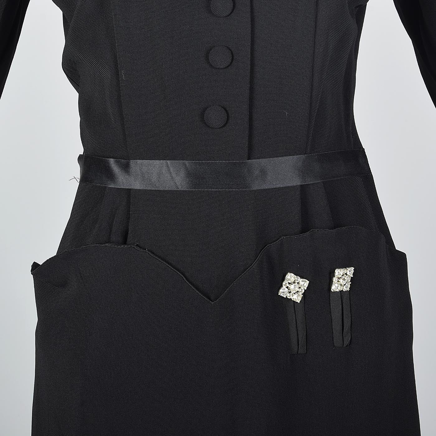 1940s Black Rayon Dress with Rhinestone Details