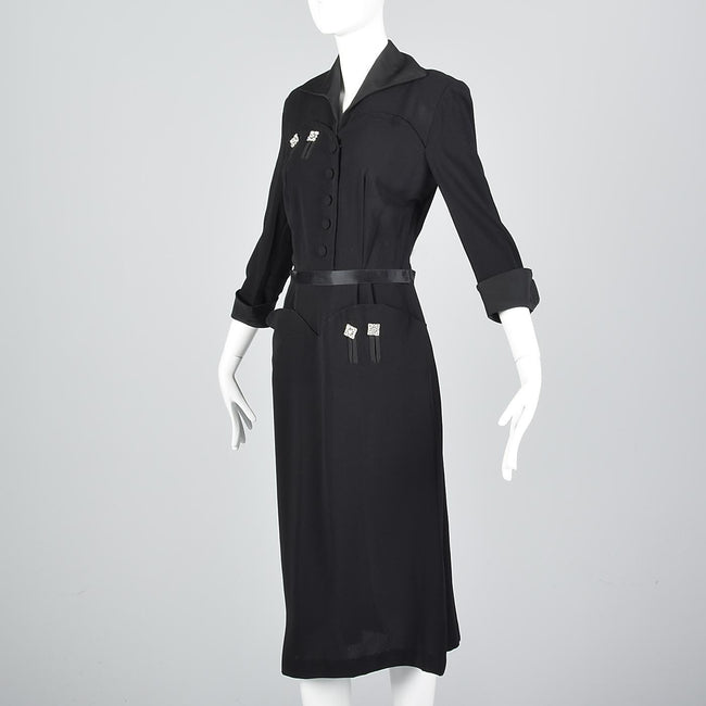 1940s Black Rayon Dress with Rhinestone Details