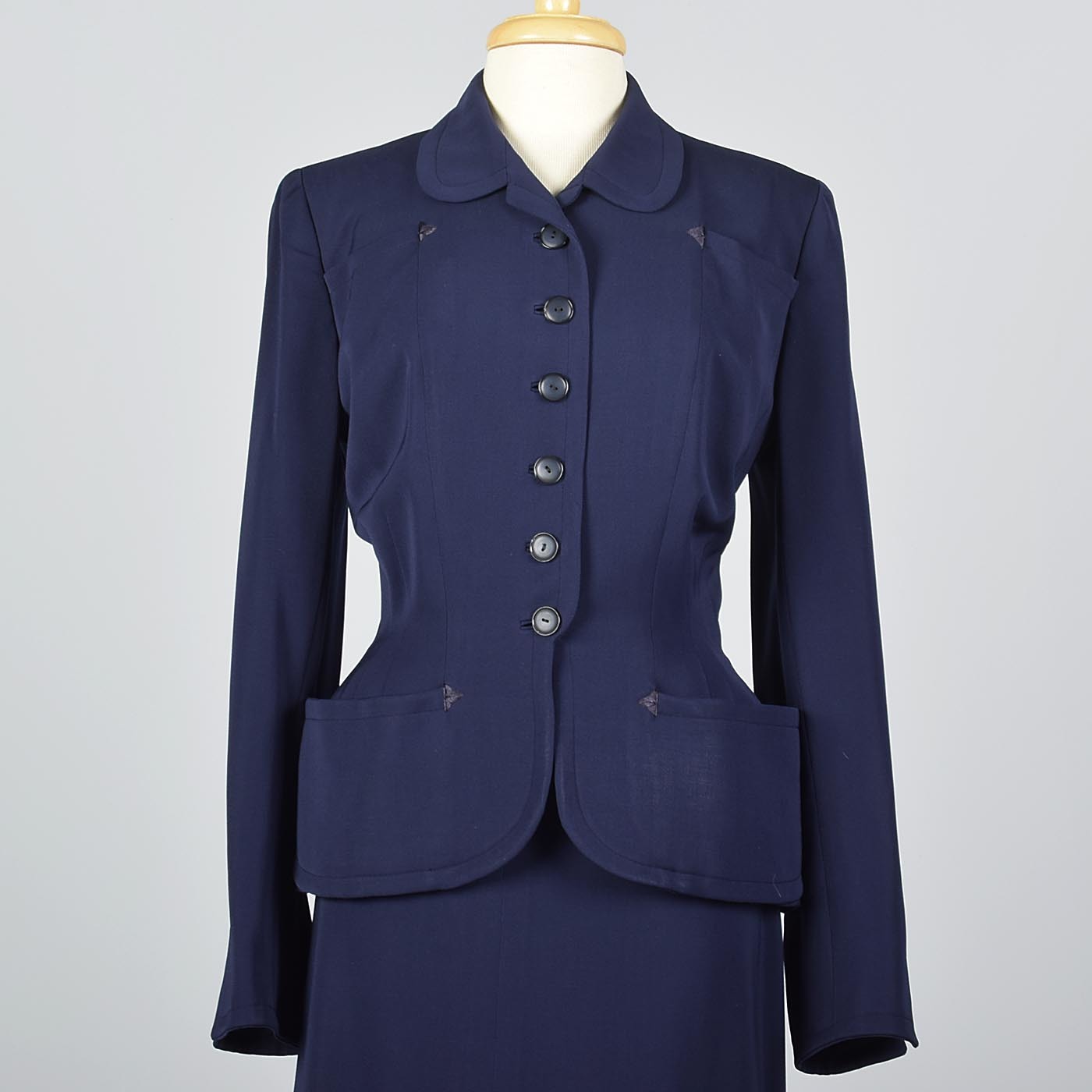 1950s Navy Blue Gabardine Skirt Suit with Shaped Hips & Weighted Hem