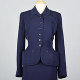 1950s Navy Blue Gabardine Skirt Suit with Shaped Hips & Weighted Hem