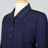 1950s Navy Blue Gabardine Skirt Suit with Shaped Hips & Weighted Hem