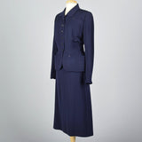 1950s Navy Blue Gabardine Skirt Suit with Shaped Hips & Weighted Hem