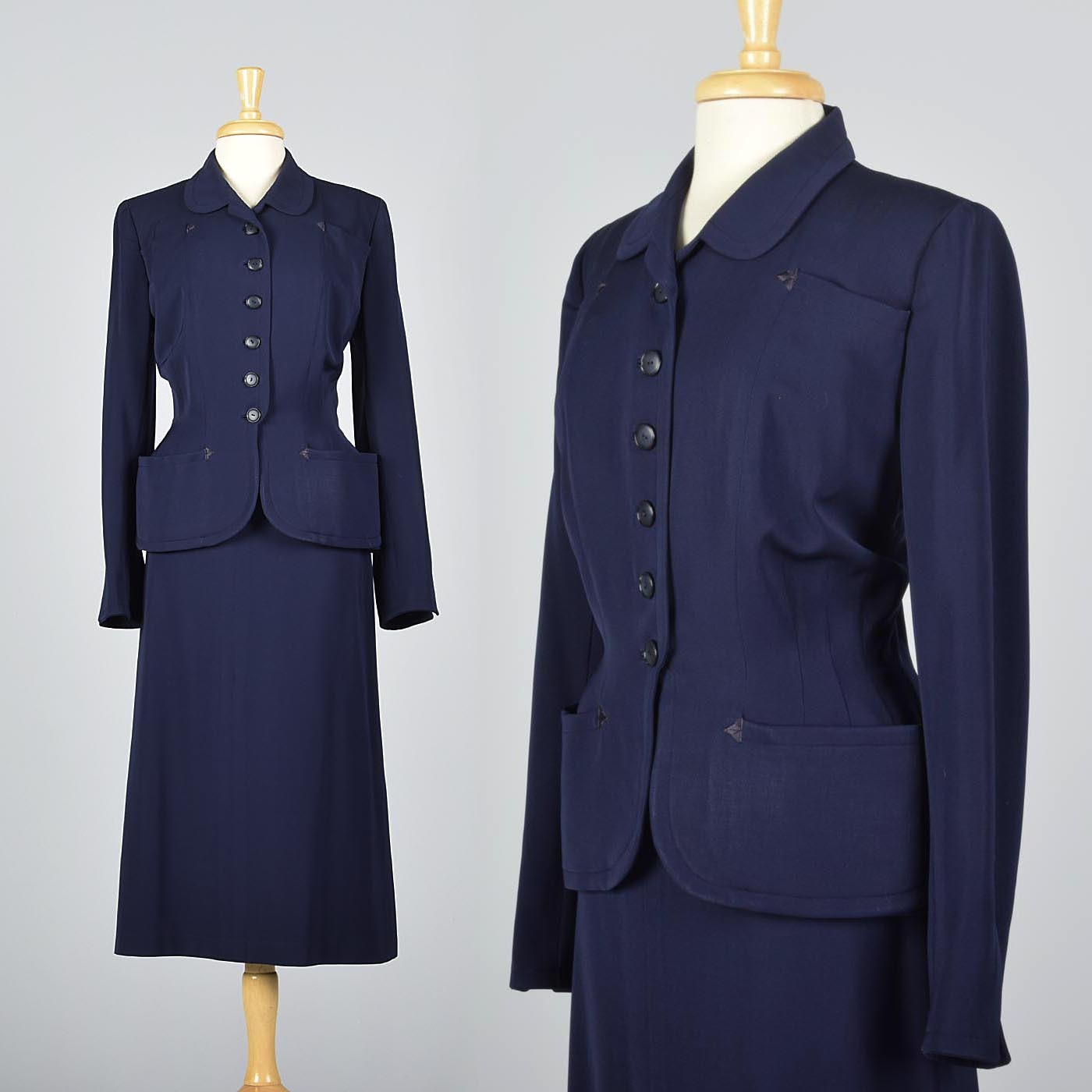 1950s Navy Blue Gabardine Skirt Suit with Shaped Hips & Weighted Hem