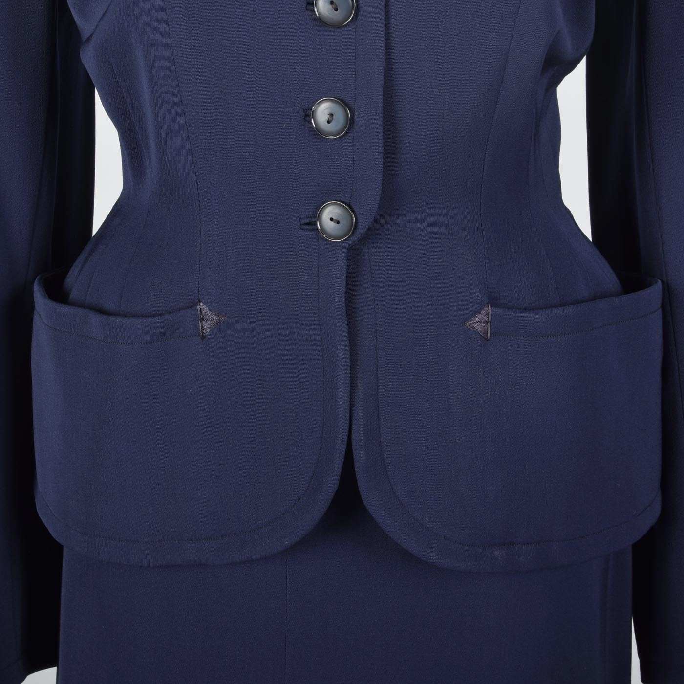 1950s Navy Blue Gabardine Skirt Suit with Shaped Hips & Weighted Hem