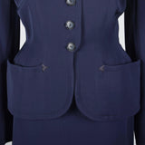 1950s Navy Blue Gabardine Skirt Suit with Shaped Hips & Weighted Hem