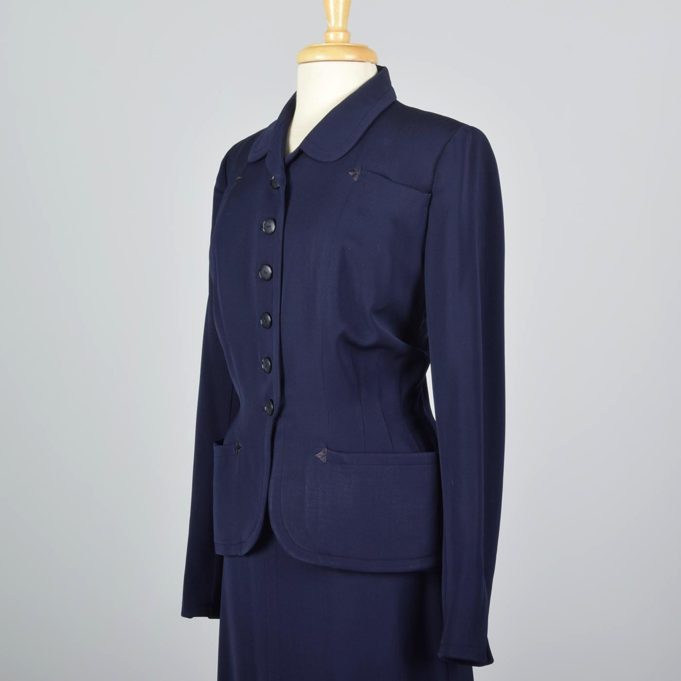 1950s Navy Blue Gabardine Skirt Suit with Shaped Hips & Weighted Hem