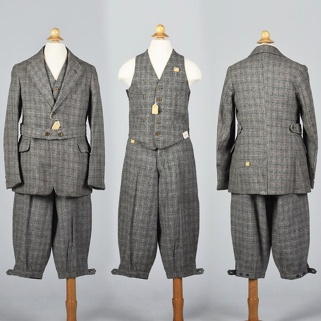 Deadstock 1920s Men's Three Piece  Tweed Suit with Plus Fours in Gray and Purple Plaid