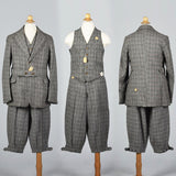 Deadstock 1920s Men's Three Piece  Tweed Suit with Plus Fours in Gray and Purple Plaid