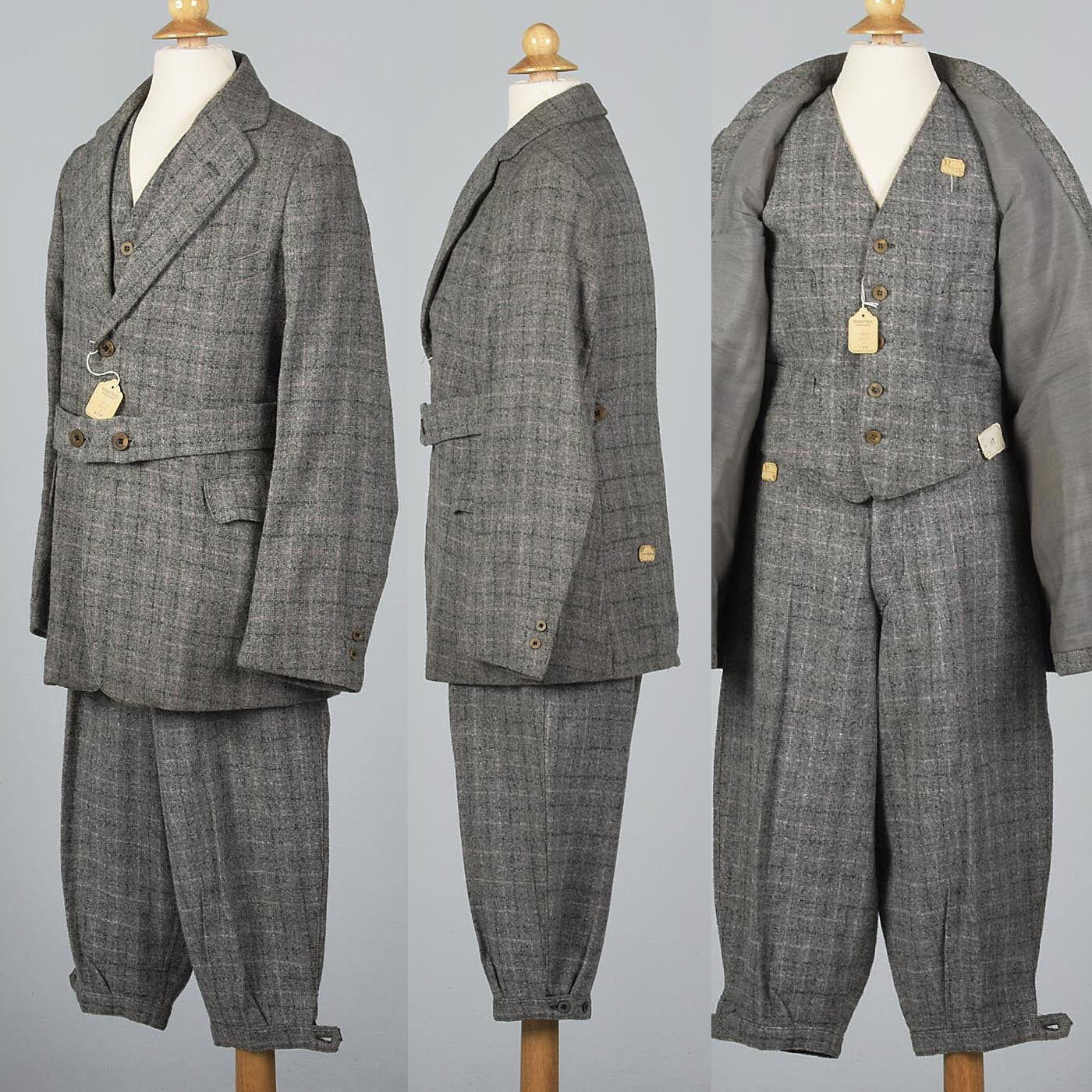 Deadstock 1920s Men's Three Piece  Tweed Suit with Plus Fours in Gray and Purple Plaid