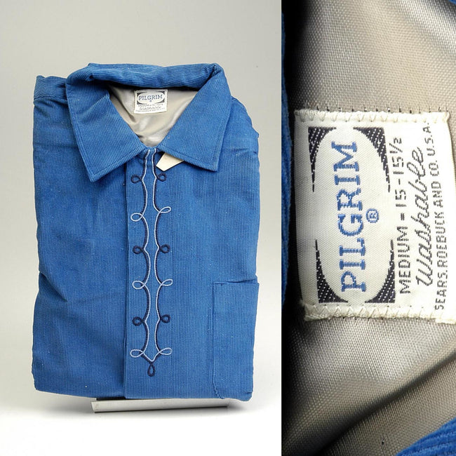 Deadstock 1950s Men's Pilgrim Blue Corduroy Shirt with a Loop Collar