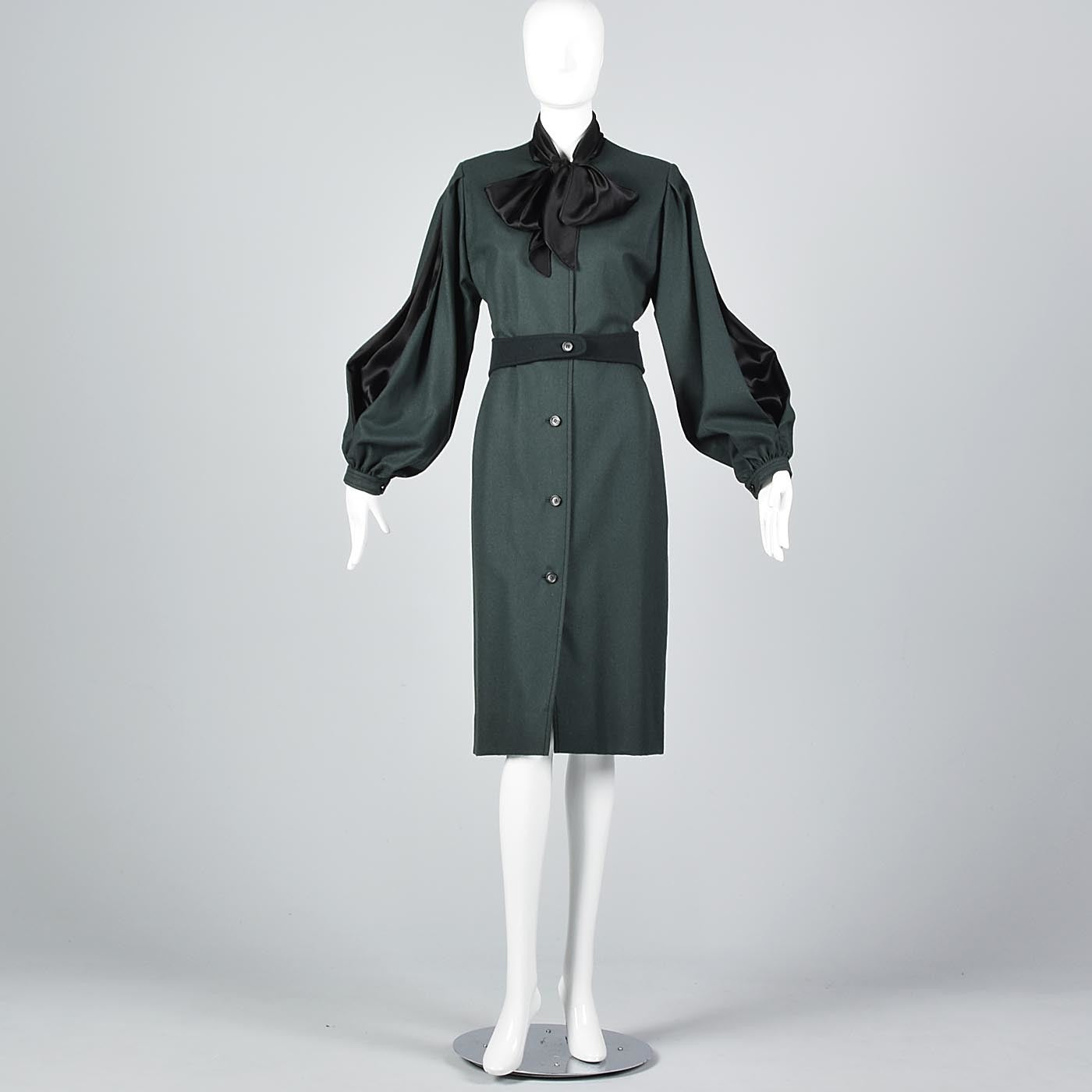 Elegant Galanos Green Wool Dress with Huge Bishop Sleeves