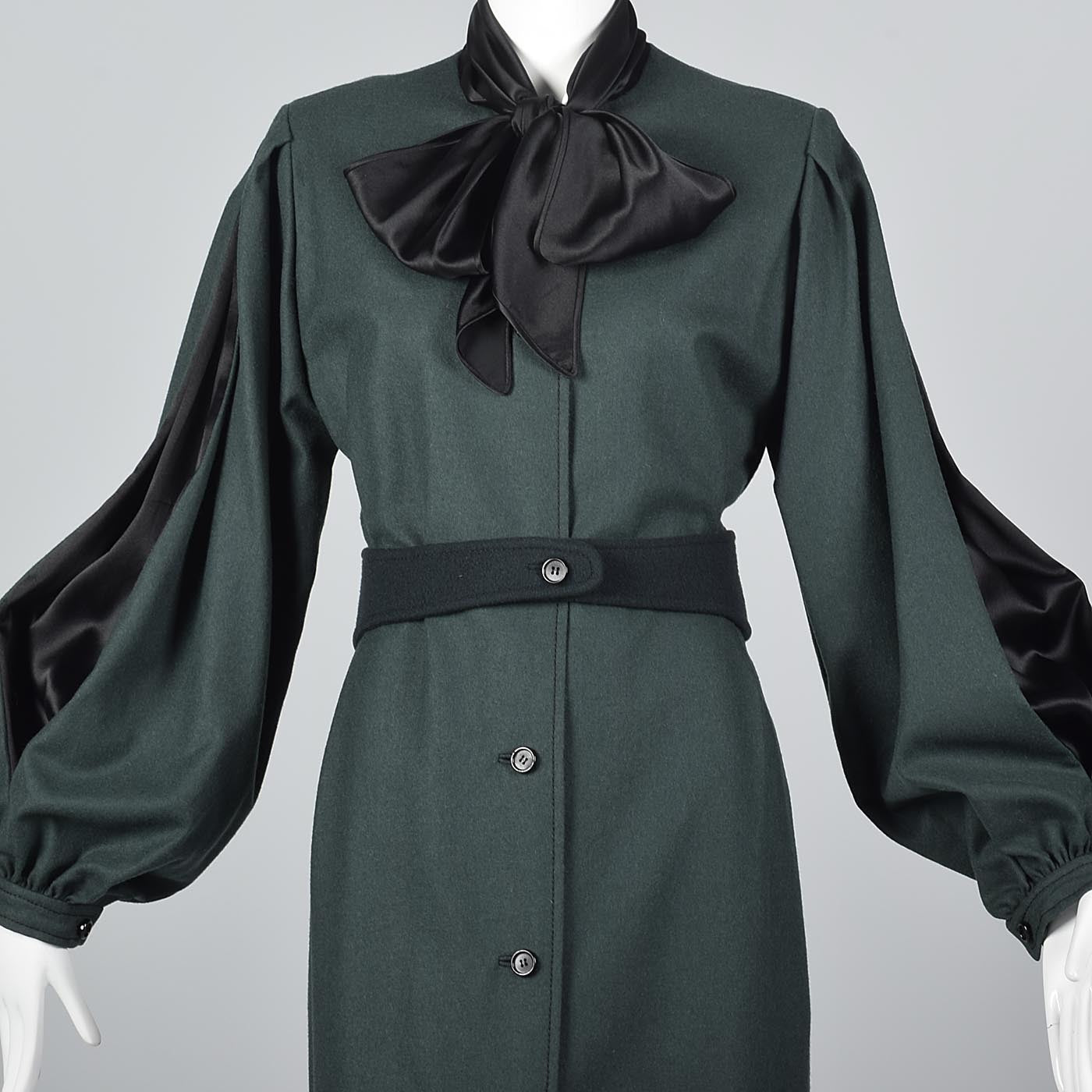 Elegant Galanos Green Wool Dress with Huge Bishop Sleeves