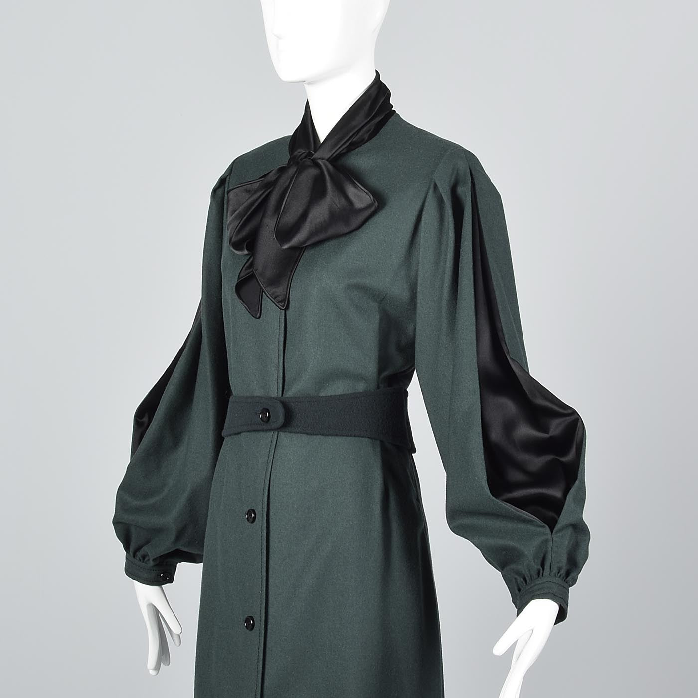 Elegant Galanos Green Wool Dress with Huge Bishop Sleeves
