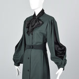 Elegant Galanos Green Wool Dress with Huge Bishop Sleeves